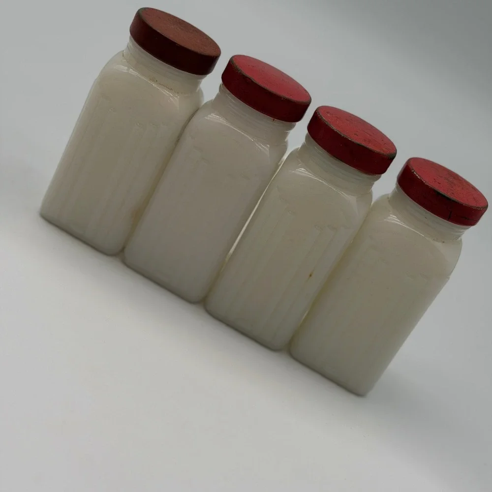 Vintage Milk Glass Spice Jars Set of 4 Art Deco Ribbed Red Metal Lids White